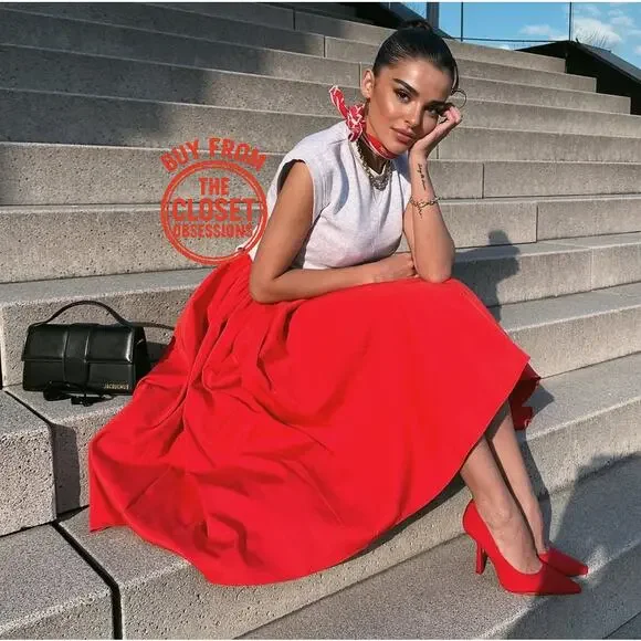 ZARA Blogger Fave Bright Red A-Line High Waist Midi Skirt NWT - Picture 9 of 16